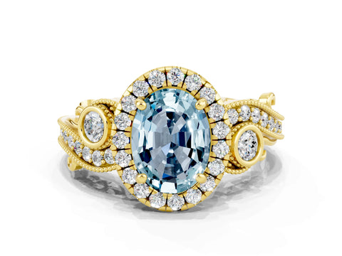 Yellow gold Oval Cut Aquamarine Halo Ring with Milgrain Pavé Band and Four-Prong Setting_31
