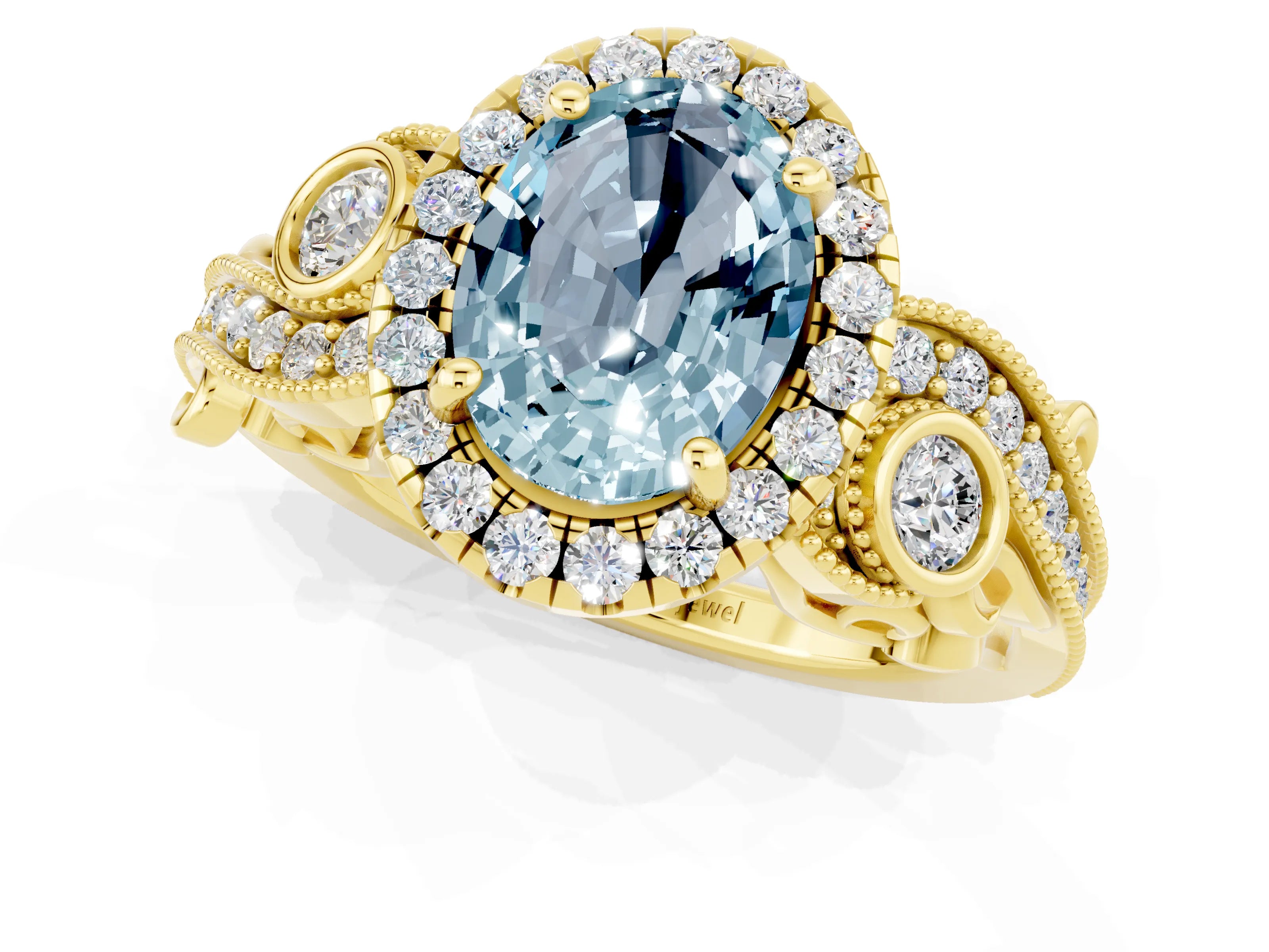 Yellow gold Oval Cut Aquamarine Halo Ring with Milgrain Pavé Band and Four-Prong Setting_32