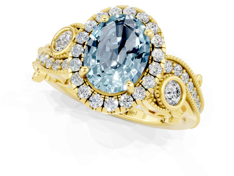 Yellow gold Oval Cut Aquamarine Halo Ring with Milgrain Pavé Band and Four-Prong Setting_32