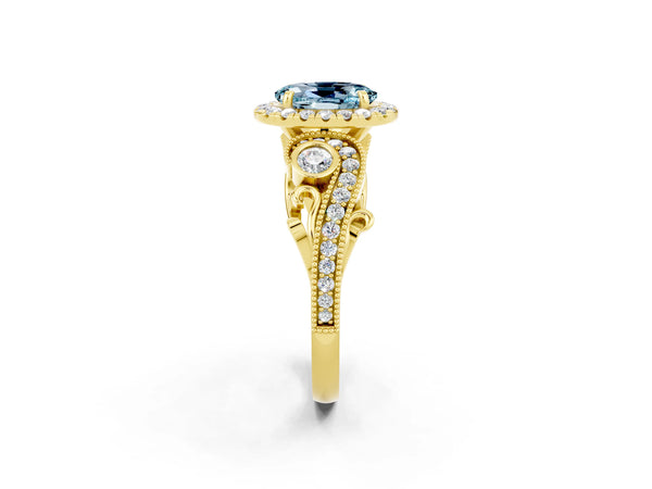 Yellow gold Oval Cut Aquamarine Halo Ring with Milgrain Pavé Band and Four-Prong Setting