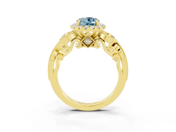 Yellow gold Oval Cut Aquamarine Halo Ring with Milgrain Pavé Band and Four-Prong Setting