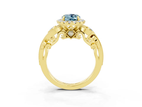 Yellow gold Oval Cut Aquamarine Halo Ring with Milgrain Pavé Band and Four-Prong Setting_34