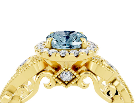 Yellow gold Oval Cut Aquamarine Halo Ring with Milgrain Pavé Band and Four-Prong Setting_35