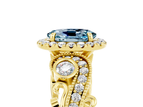 Yellow gold Oval Cut Aquamarine Halo Ring with Milgrain Pavé Band and Four-Prong Setting_36