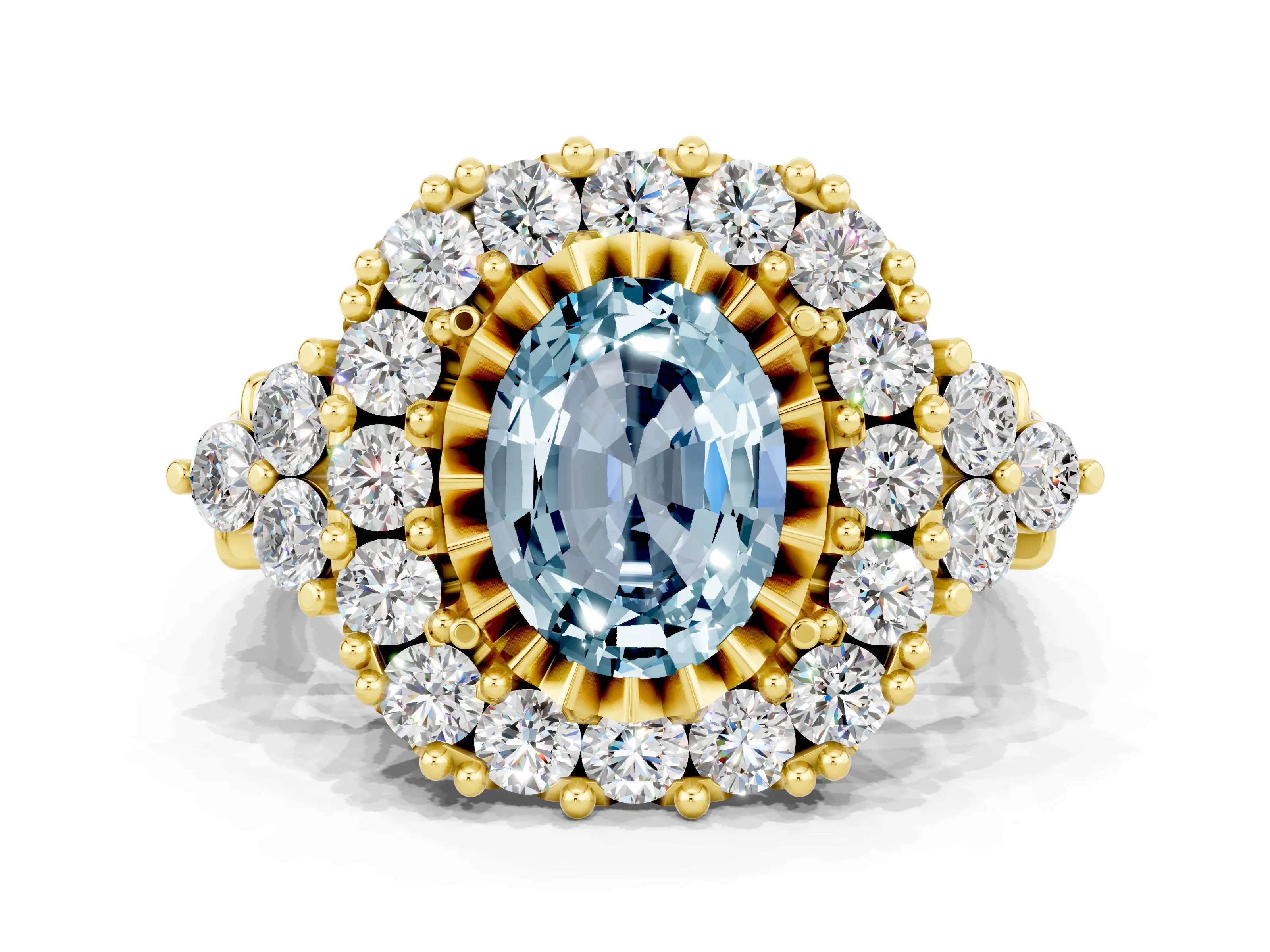 Yellow gold Oval Cut Aquamarine Halo Ring with Pavé Band and Four-Prong Setting_12
