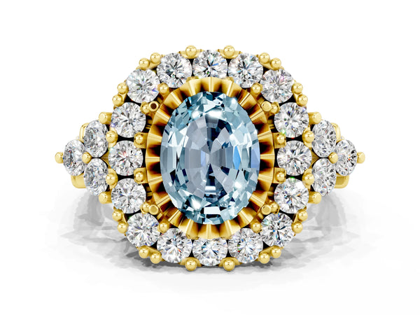 Yellow gold Oval Cut Aquamarine Halo Ring with Pavé Band and Four-Prong Setting
