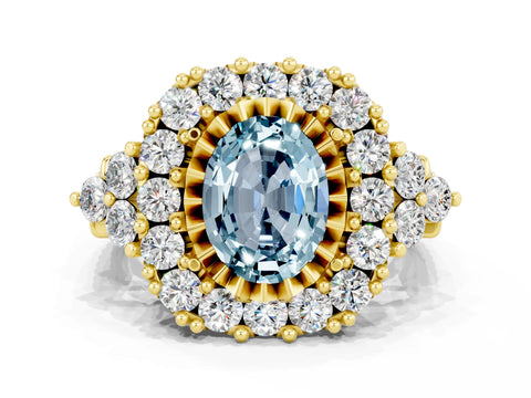 Yellow gold Oval Cut Aquamarine Halo Ring with Pavé Band and Four-Prong Setting_12