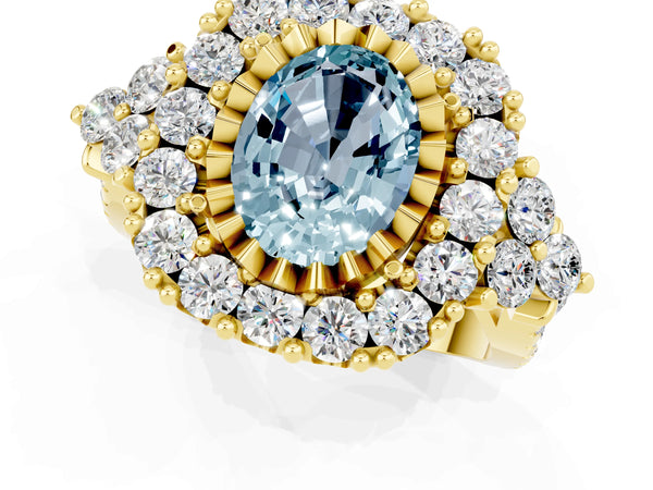 Yellow gold Oval Cut Aquamarine Halo Ring with Pavé Band and Four-Prong Setting