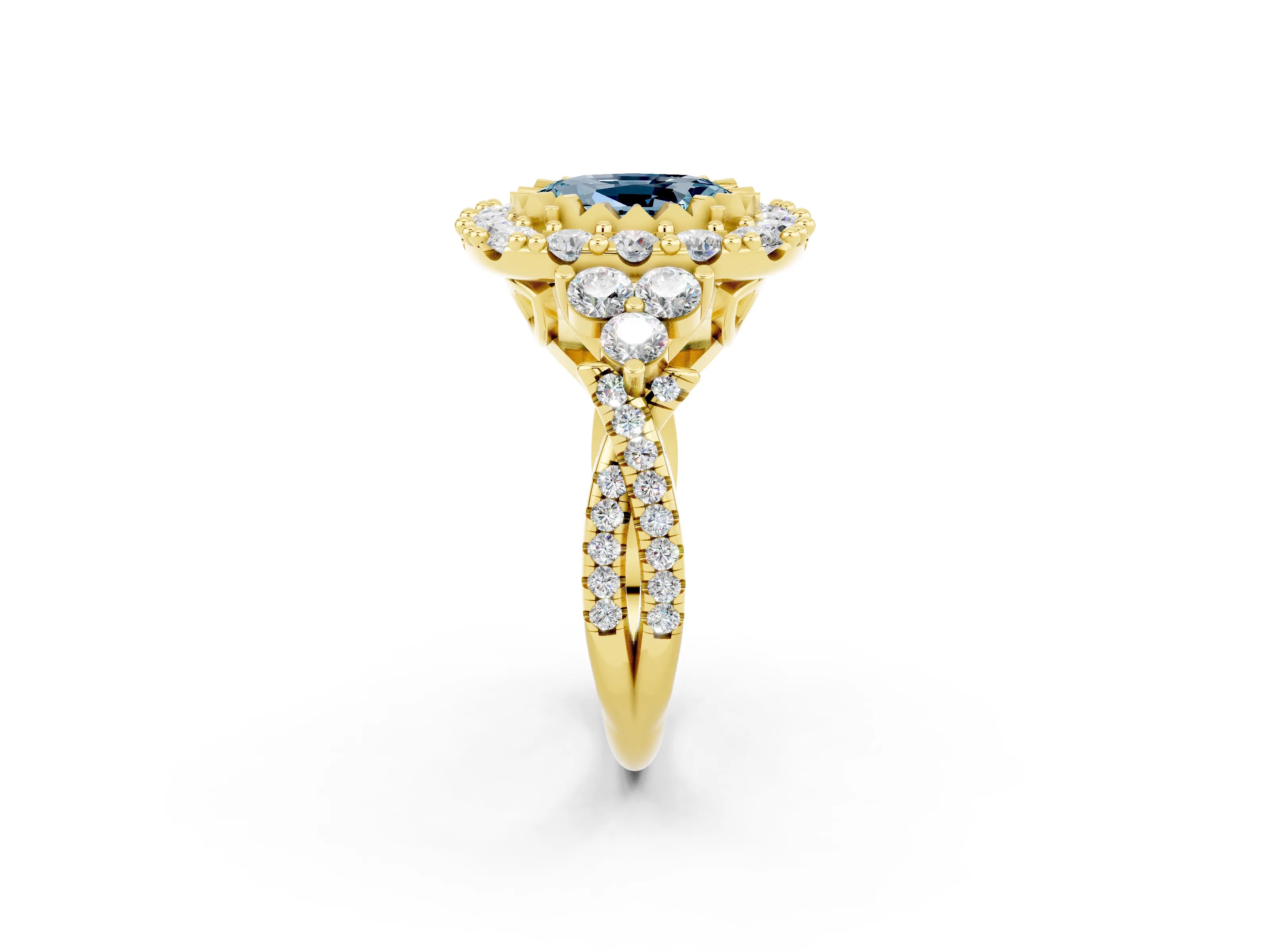 Yellow gold Oval Cut Aquamarine Halo Ring with Pavé Band and Four-Prong Setting_14