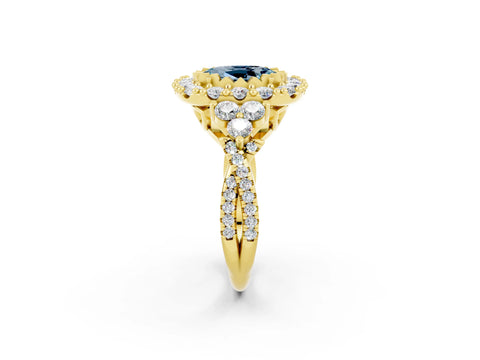 Yellow gold Oval Cut Aquamarine Halo Ring with Pavé Band and Four-Prong Setting_14
