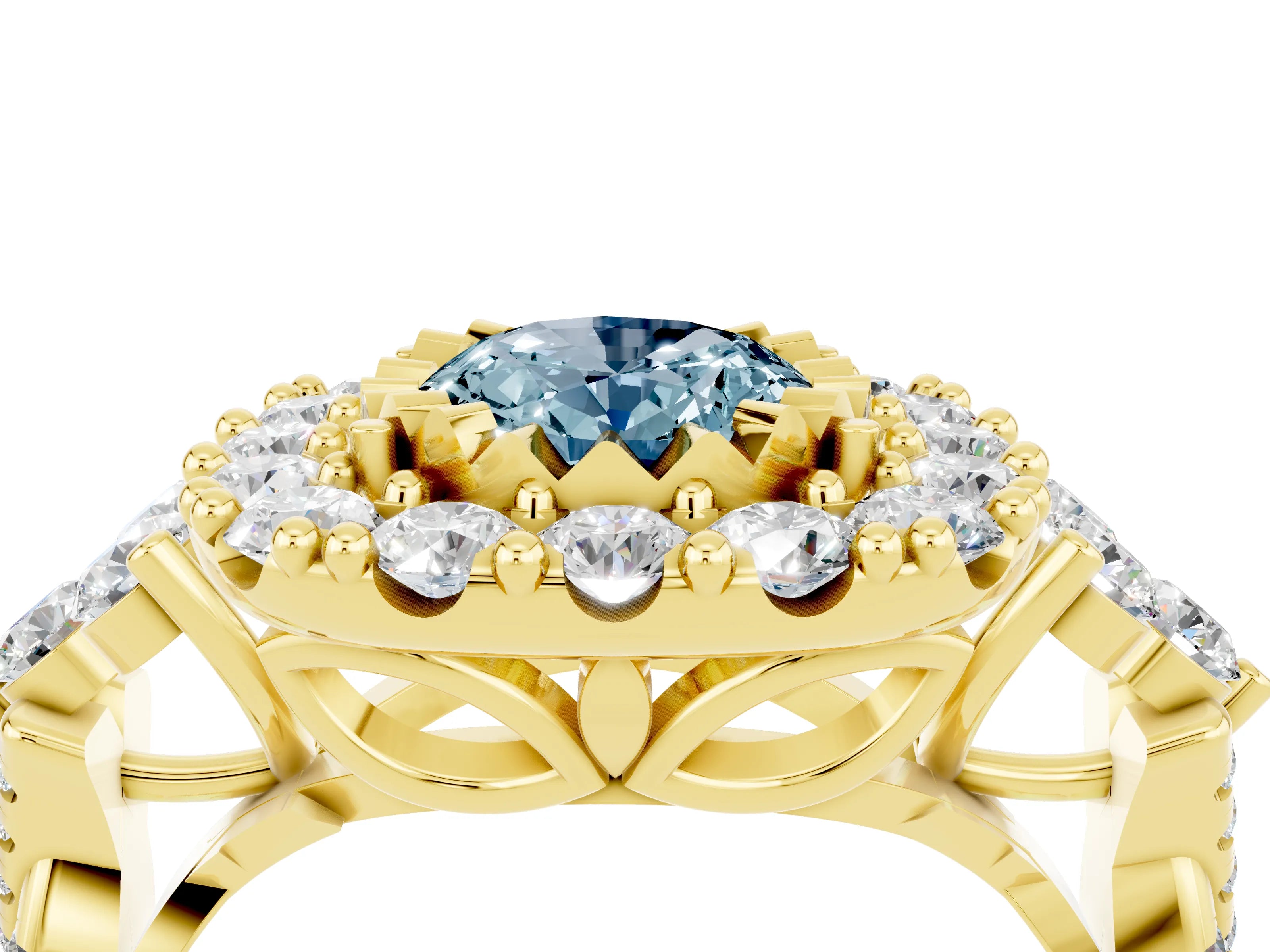 Yellow gold Oval Cut Aquamarine Halo Ring with Pavé Band and Four-Prong Setting_16