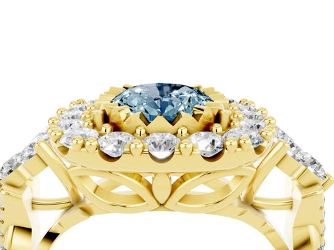 Yellow gold Oval Cut Aquamarine Halo Ring with Pavé Band and Four-Prong Setting_16