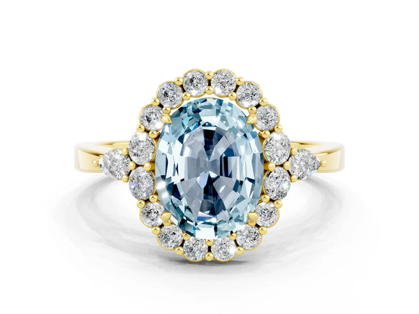 Yellow gold Oval Cut Aquamarine Halo Ring with Pear Side Stones and Prong Setting