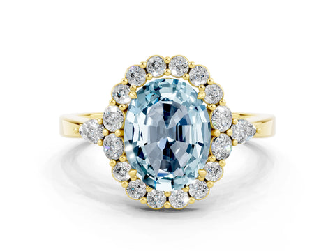 Yellow gold Oval Cut Aquamarine Halo Ring with Pear Side Stones and Prong Setting_12