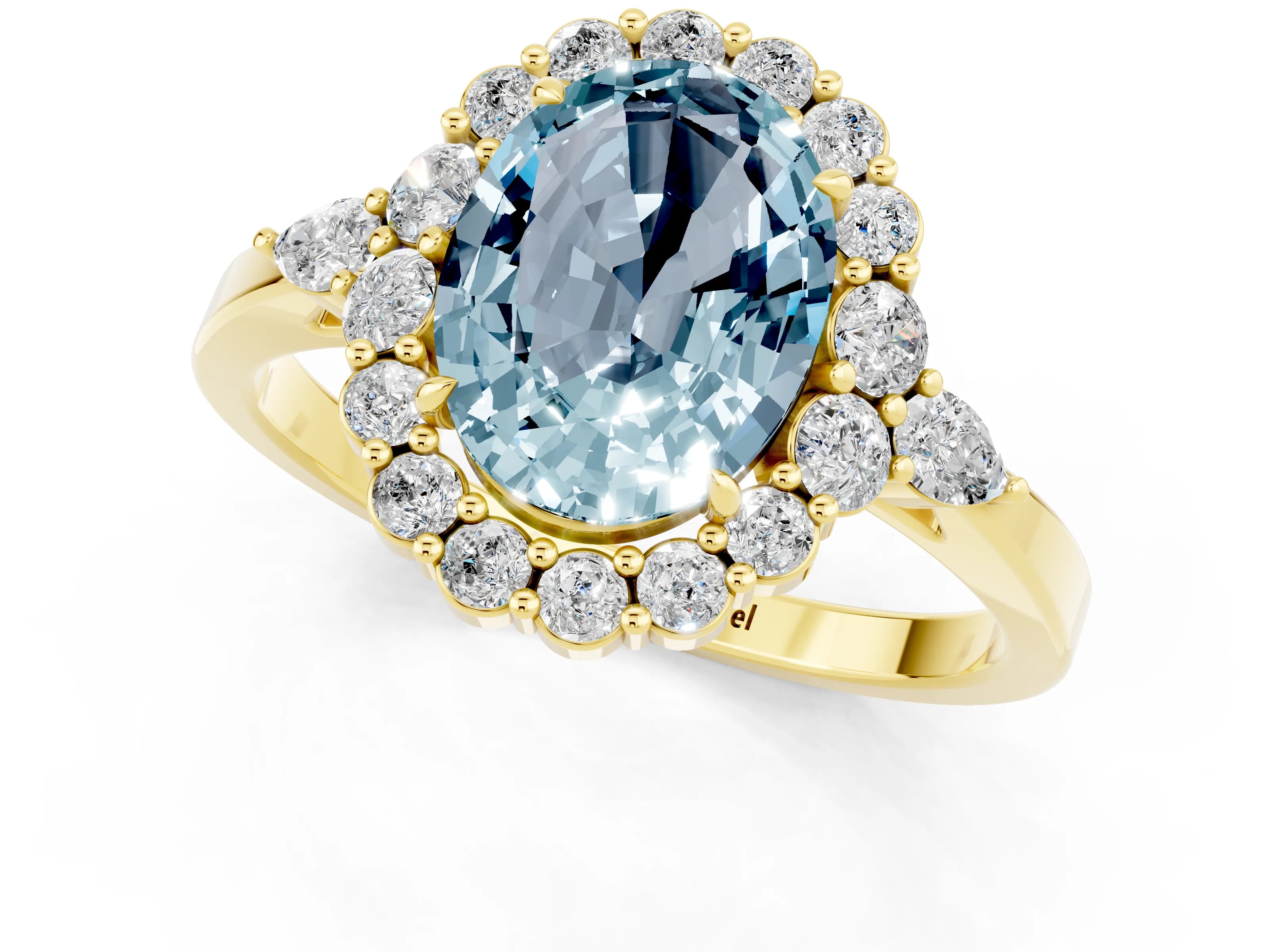 Yellow gold Oval Cut Aquamarine Halo Ring with Pear Side Stones and Prong Setting_13