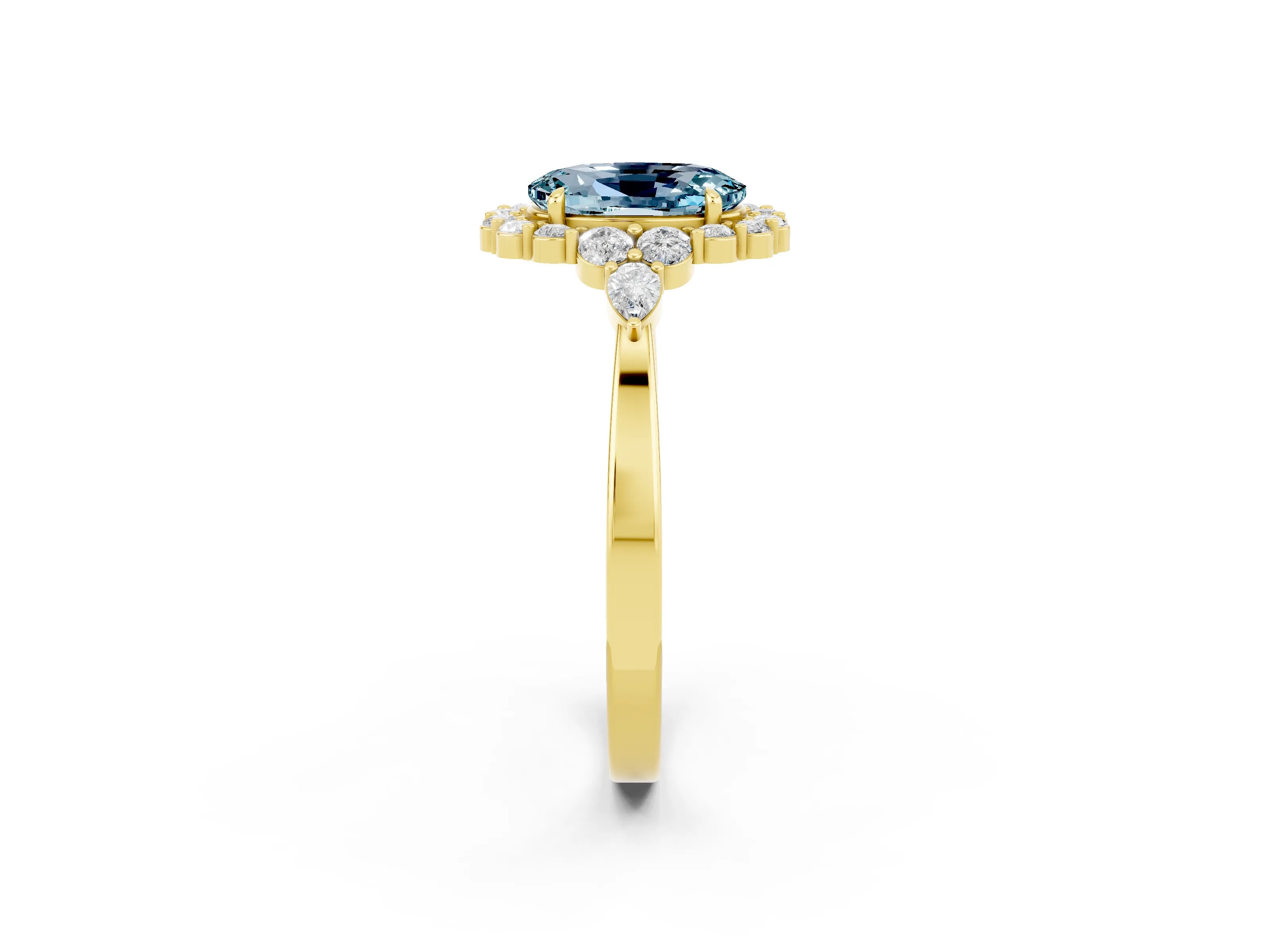 Yellow gold Oval Cut Aquamarine Halo Ring with Pear Side Stones and Prong Setting_14