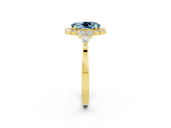 Yellow gold Oval Cut Aquamarine Halo Ring with Pear Side Stones and Prong Setting