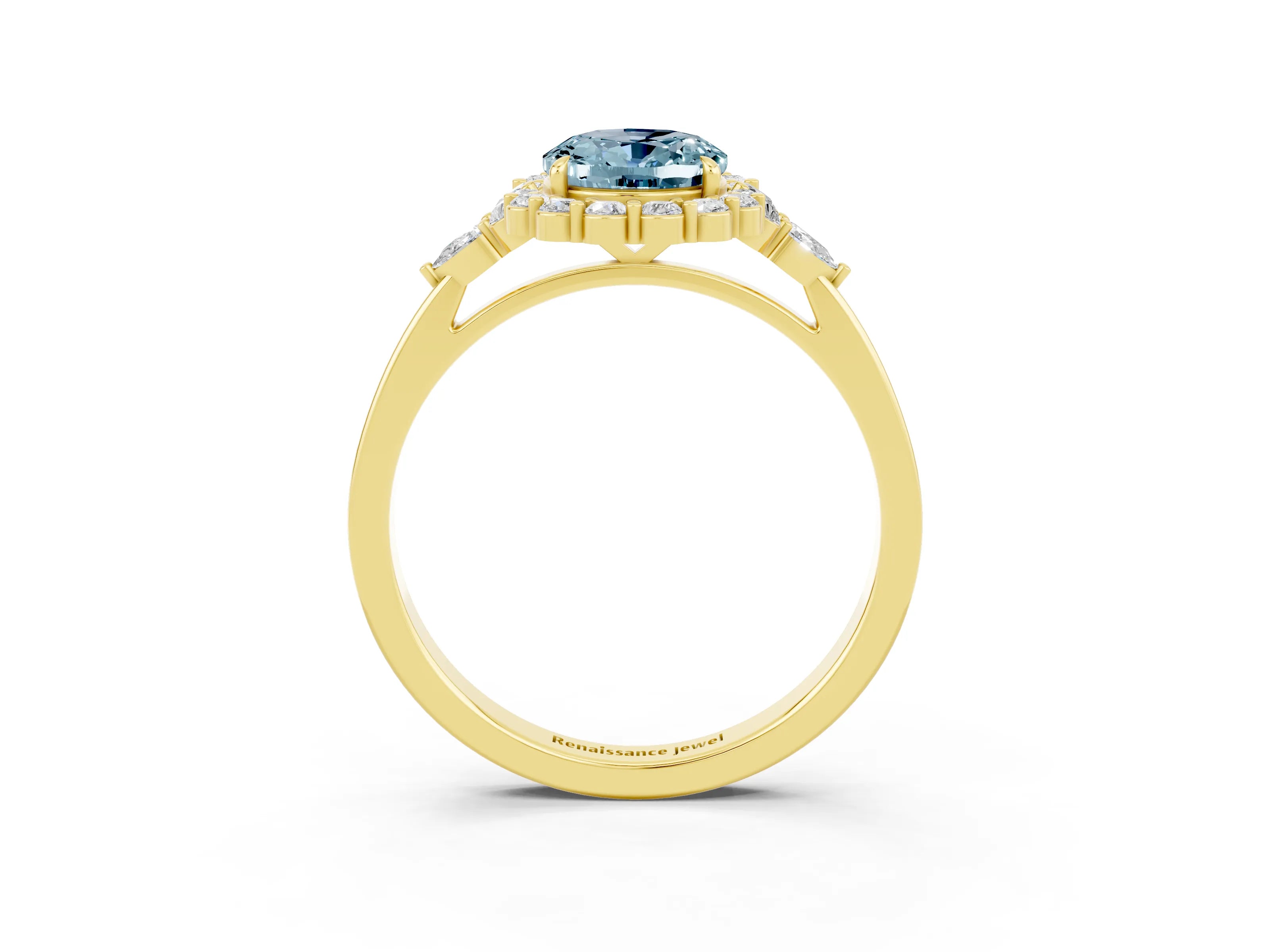 Yellow gold Oval Cut Aquamarine Halo Ring with Pear Side Stones and Prong Setting_15