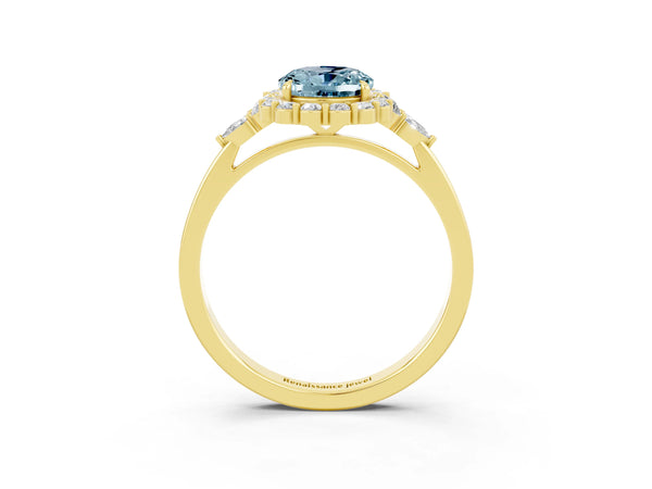 Yellow gold Oval Cut Aquamarine Halo Ring with Pear Side Stones and Prong Setting