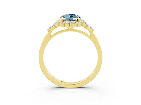 Yellow gold Oval Cut Aquamarine Halo Ring with Pear Side Stones and Prong Setting_15