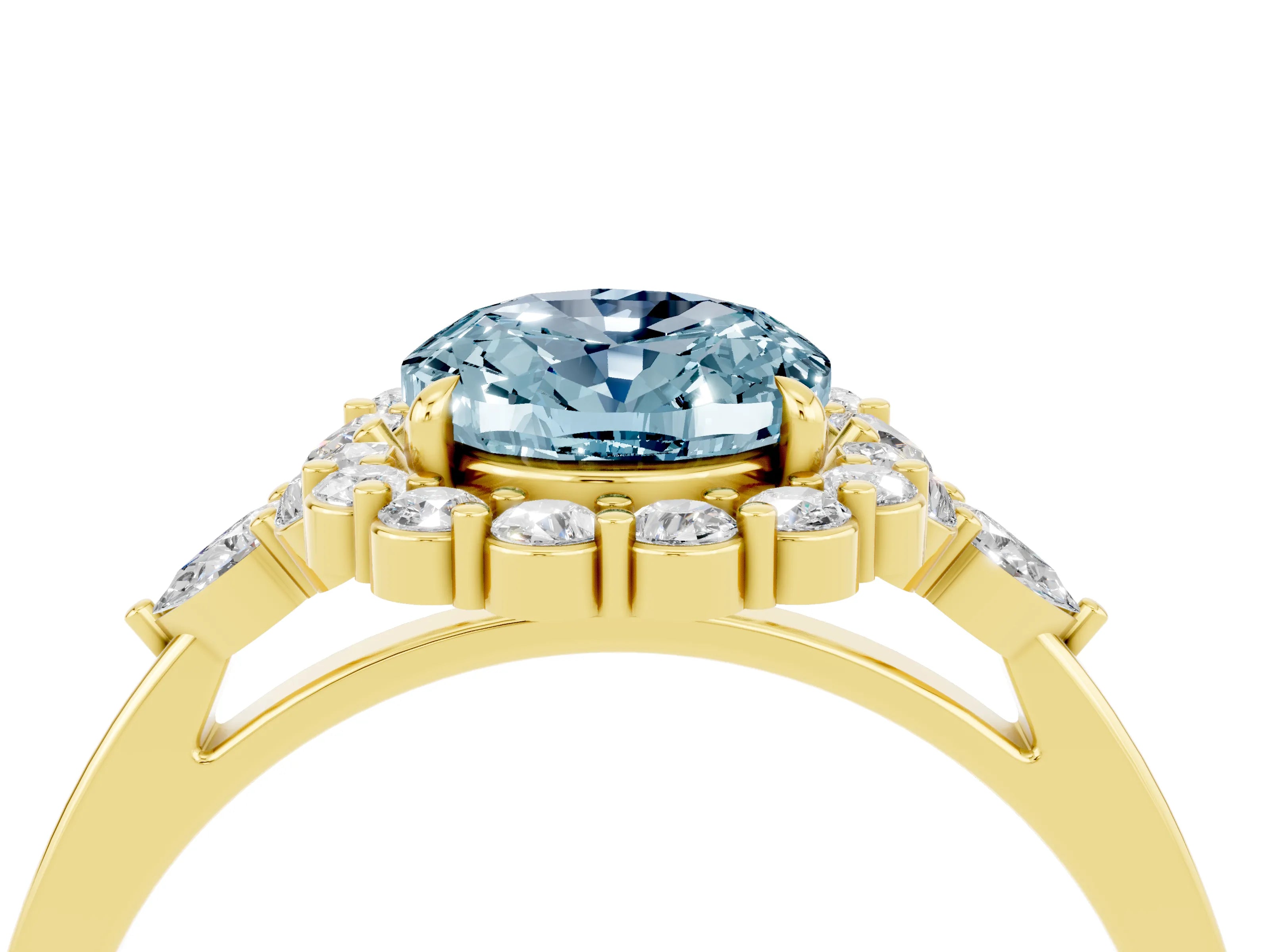 Yellow gold Oval Cut Aquamarine Halo Ring with Pear Side Stones and Prong Setting_16