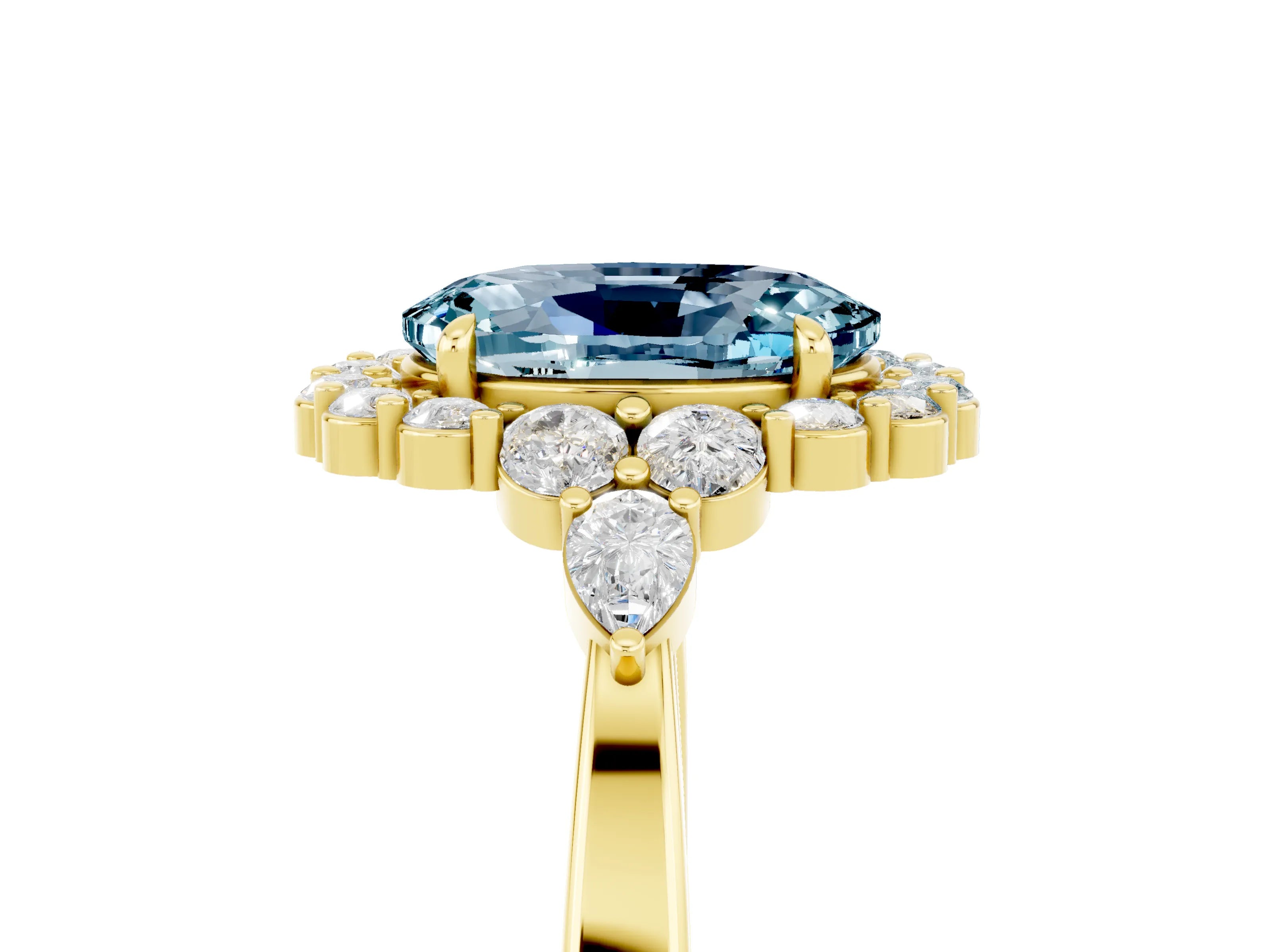 Yellow gold Oval Cut Aquamarine Halo Ring with Pear Side Stones and Prong Setting_17