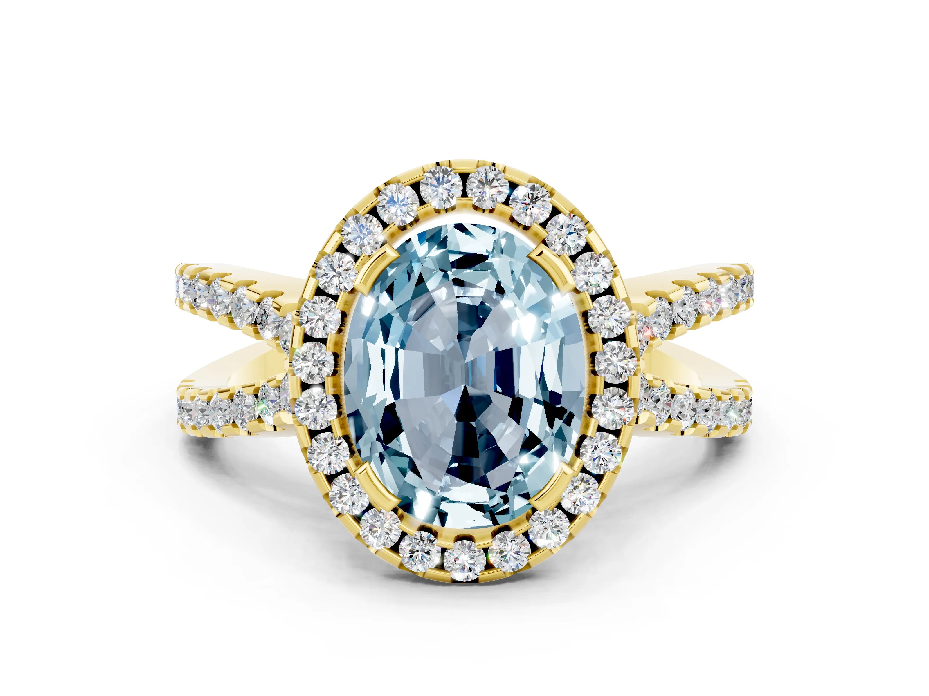 Yellow gold Oval Cut Aquamarine Halo Ring with Split Shank Pavé Band and Prong Setting