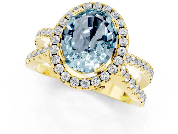 Yellow gold Oval Cut Aquamarine Halo Ring with Split Shank Pavé Band and Prong Setting