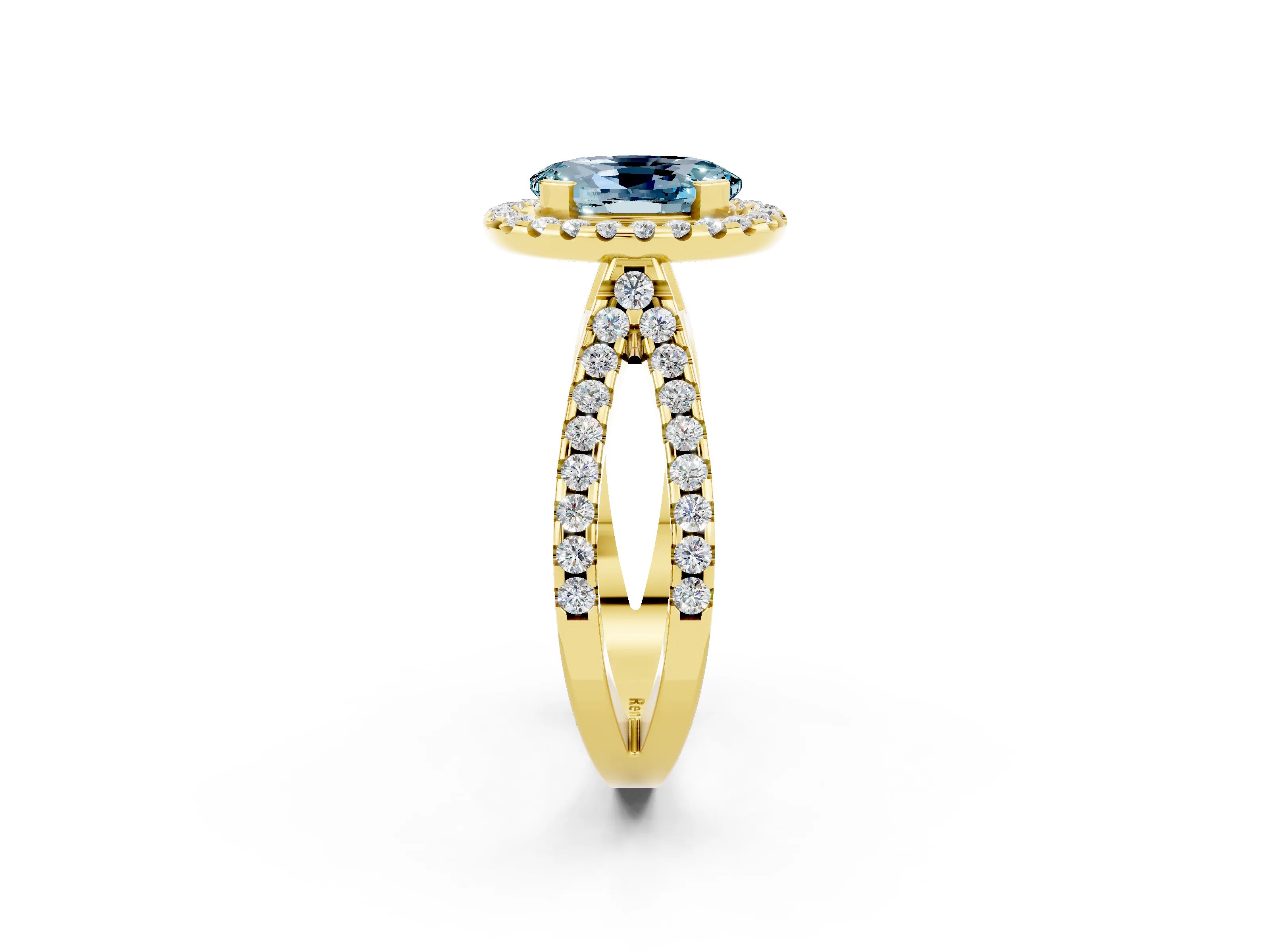 Yellow gold Oval Cut Aquamarine Halo Ring with Split Shank Pavé Band and Prong Setting_2