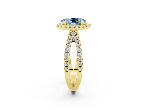 Yellow gold Oval Cut Aquamarine Halo Ring with Split Shank Pavé Band and Prong Setting_2