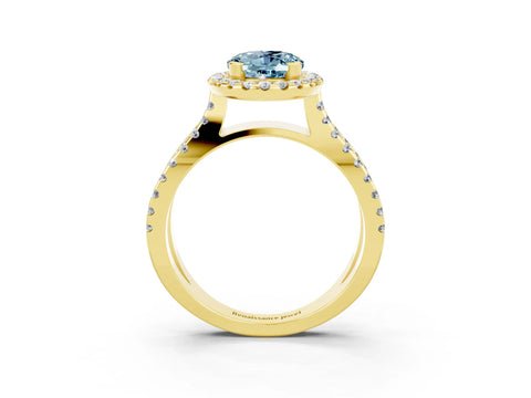 Yellow gold Oval Cut Aquamarine Halo Ring with Split Shank Pavé Band and Prong Setting_3