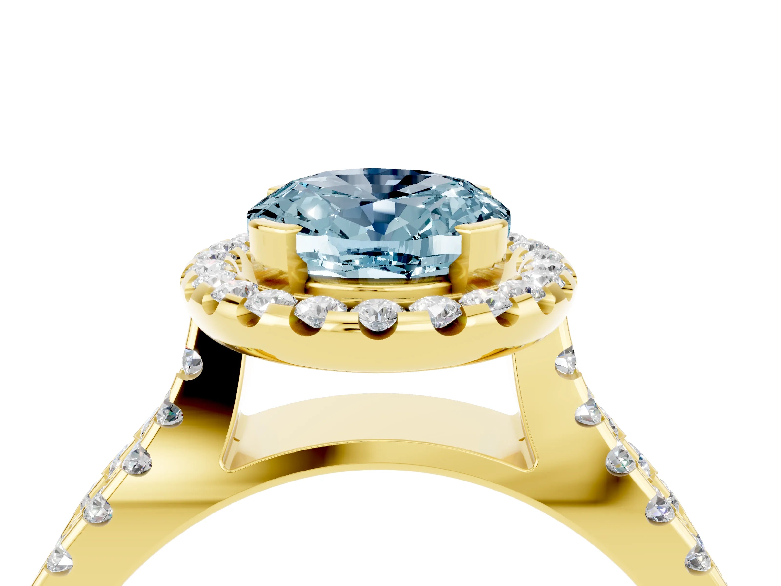 Yellow gold Oval Cut Aquamarine Halo Ring with Split Shank Pavé Band and Prong Setting_4