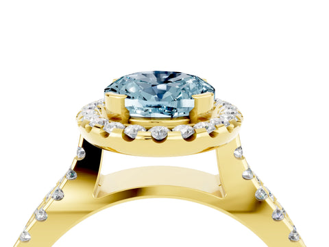 Yellow gold Oval Cut Aquamarine Halo Ring with Split Shank Pavé Band and Prong Setting_4
