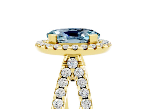 Yellow gold Oval Cut Aquamarine Halo Ring with Split Shank Pavé Band and Prong Setting_5