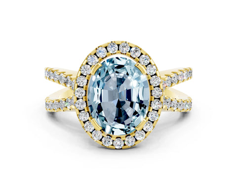Yellow gold Oval Cut Aquamarine Halo Ring with Split Shank Pavé Band and Prong Setting