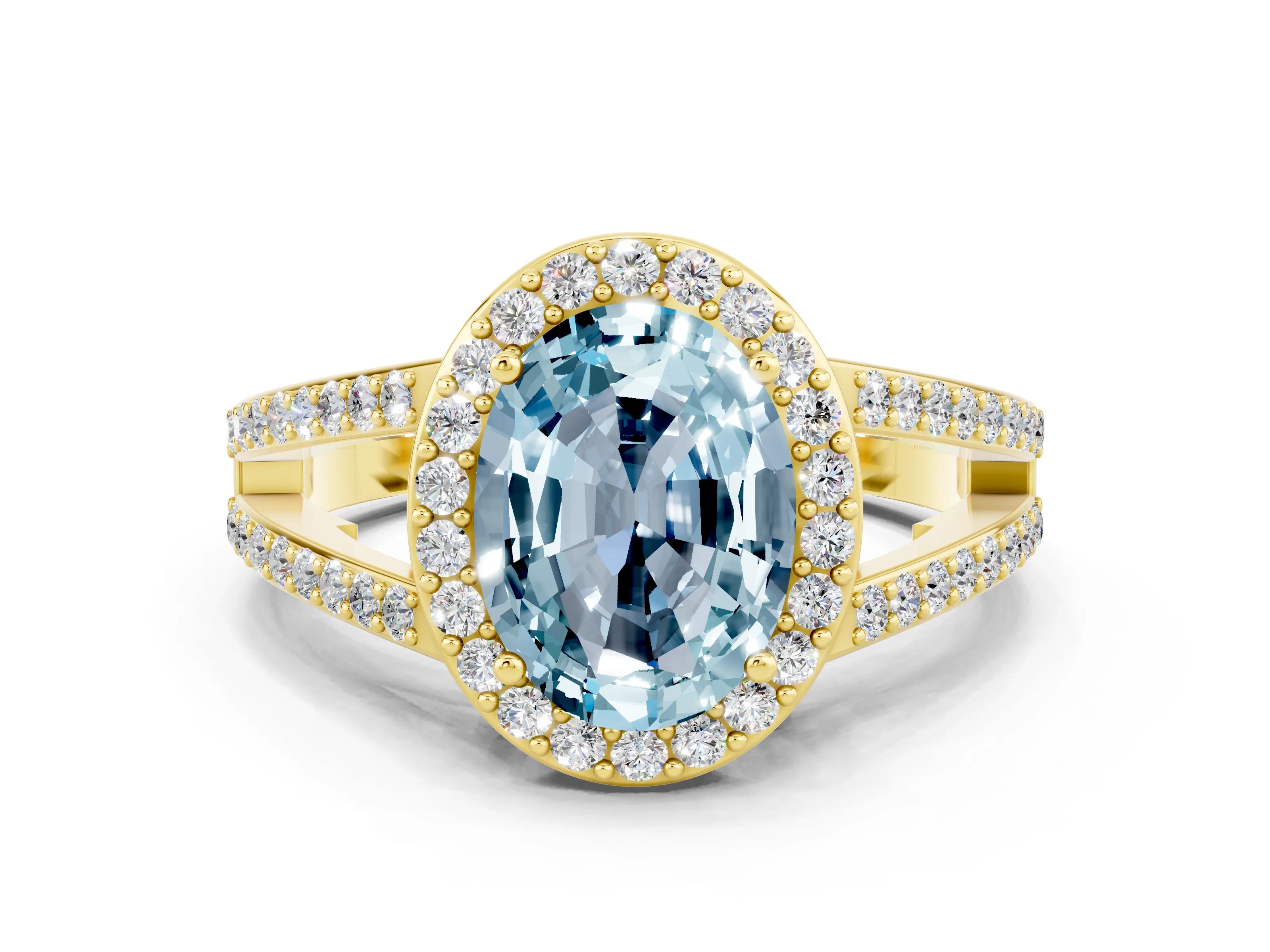 Yellow gold Oval Cut Aquamarine Halo Ring with Split Shank U-Prong Band and Four-Prong Setting