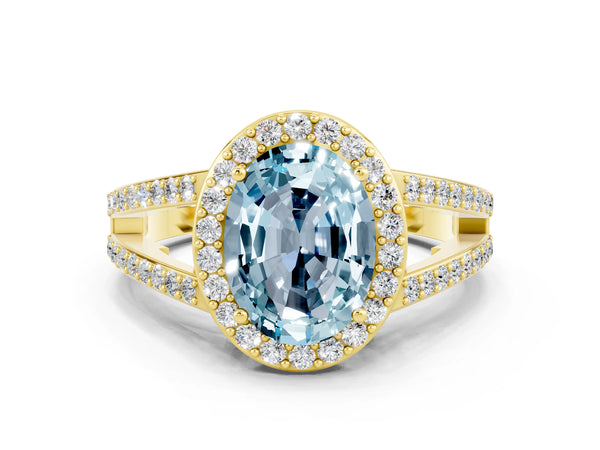 Yellow gold Oval Cut Aquamarine Halo Ring with Split Shank U-Prong Band and Four-Prong Setting