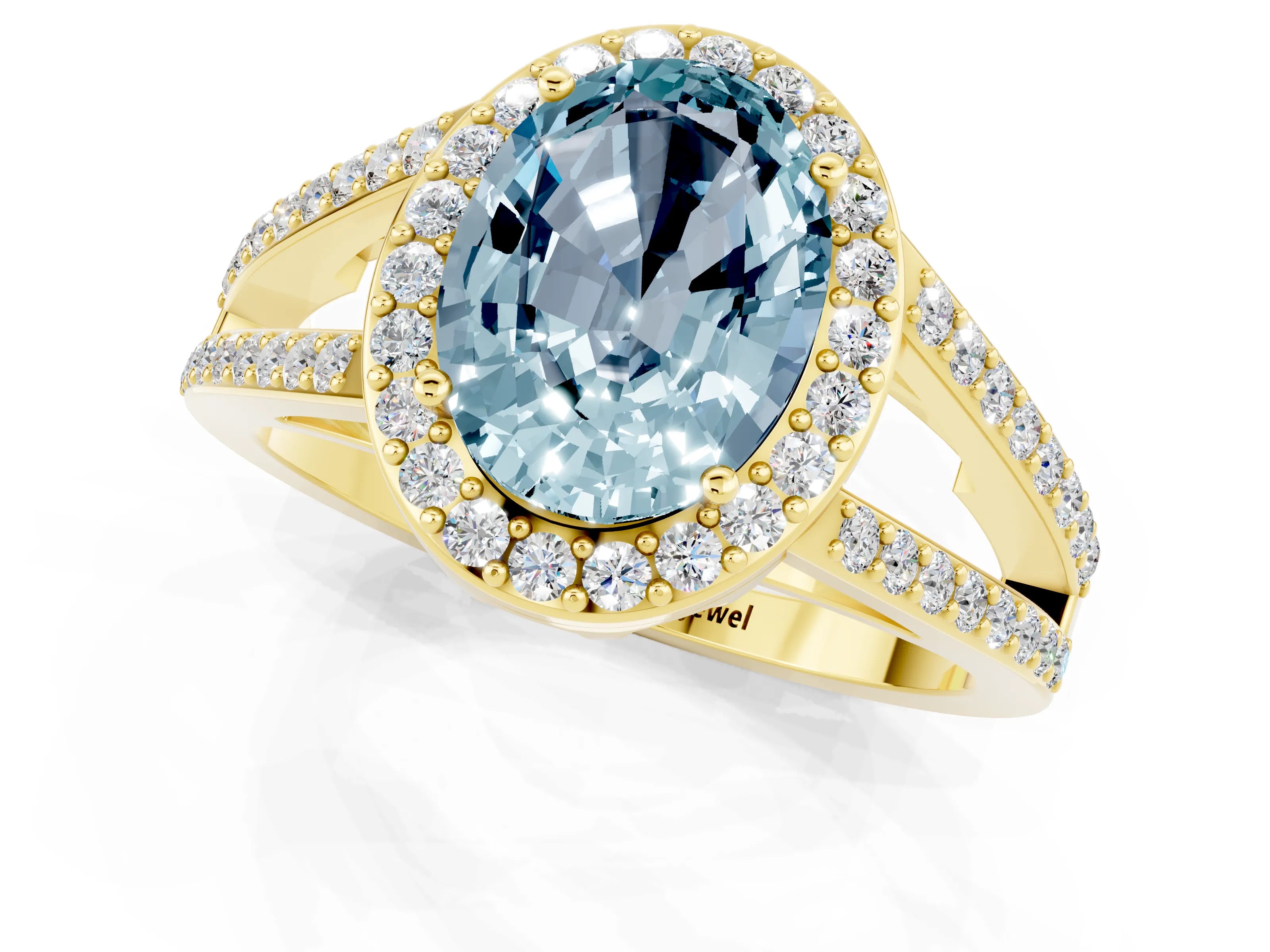 Yellow gold Oval Cut Aquamarine Halo Ring with Split Shank U-Prong Band and Four-Prong Setting_1