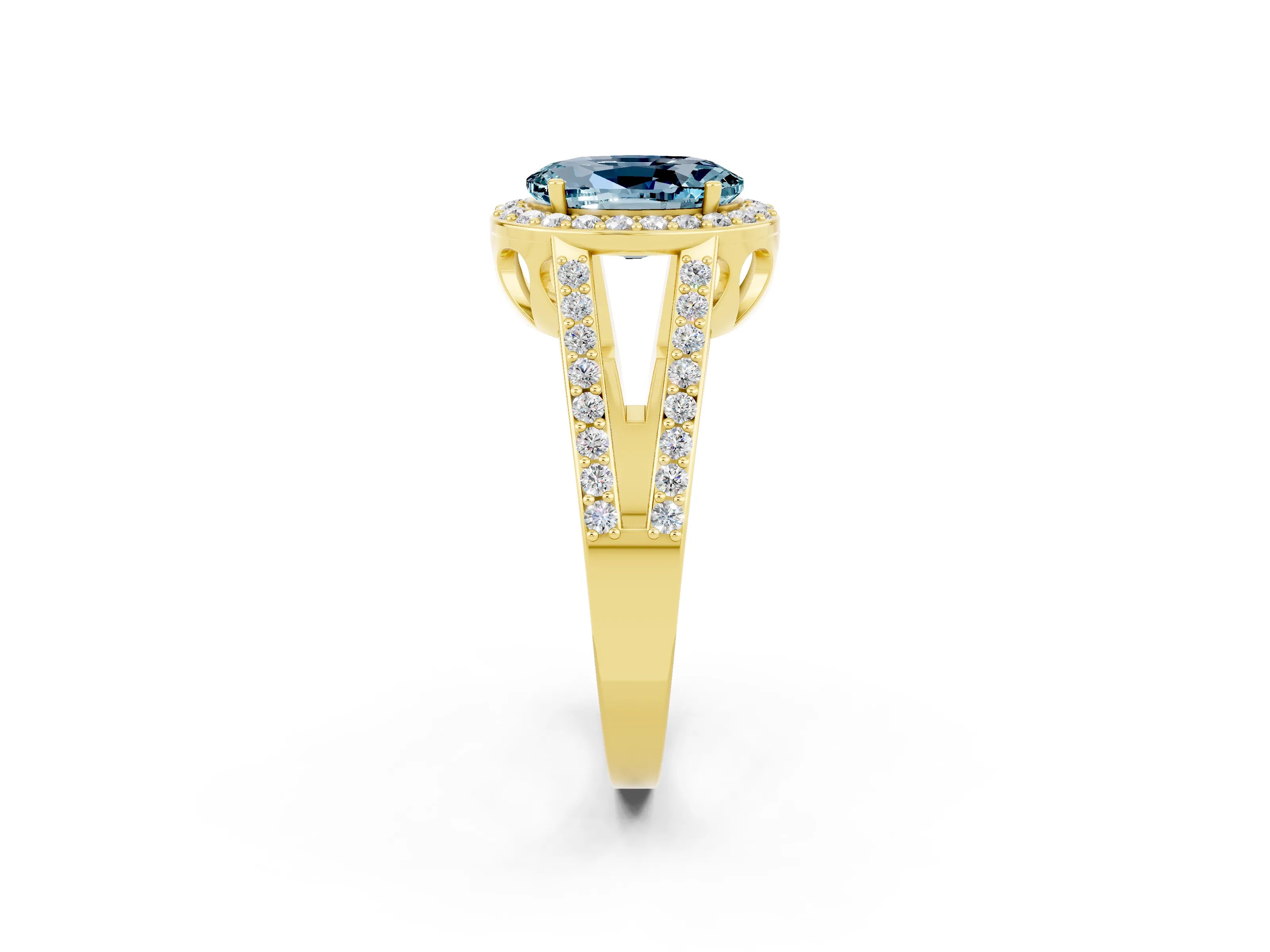 Yellow gold Oval Cut Aquamarine Halo Ring with Split Shank U-Prong Band and Four-Prong Setting_2