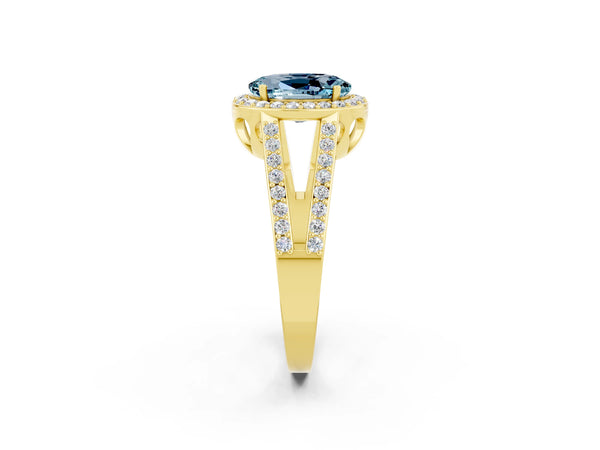 Yellow gold Oval Cut Aquamarine Halo Ring with Split Shank U-Prong Band and Four-Prong Setting