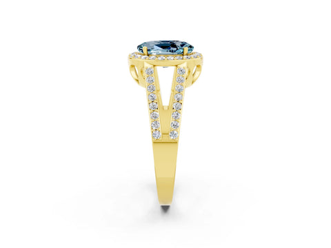 Yellow gold Oval Cut Aquamarine Halo Ring with Split Shank U-Prong Band and Four-Prong Setting_2
