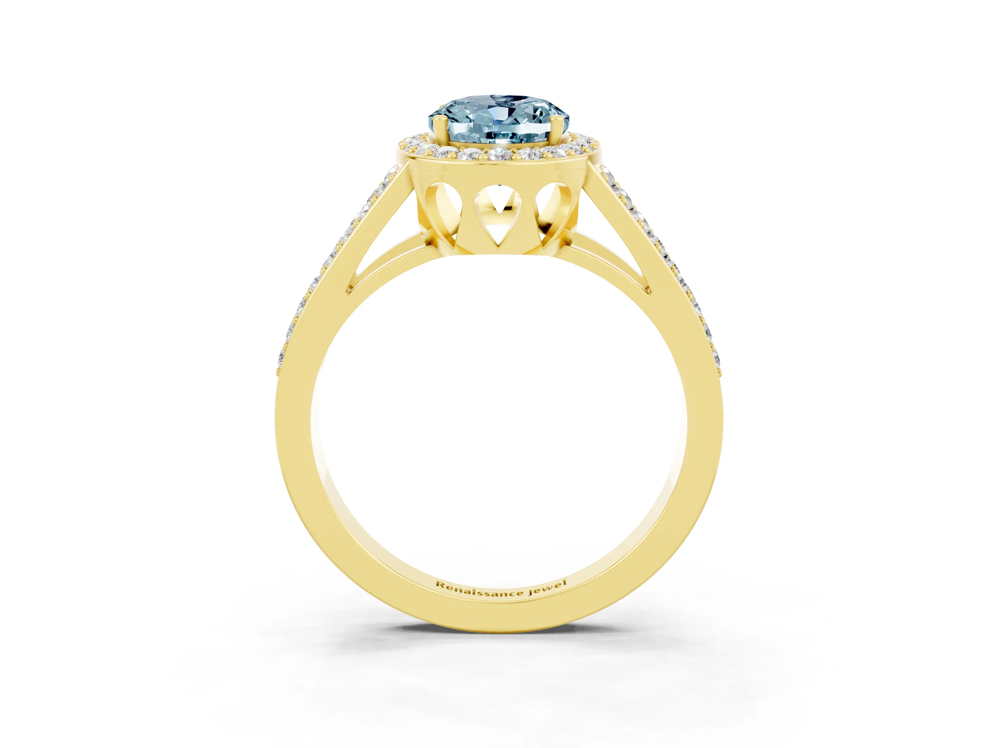 Yellow gold Oval Cut Aquamarine Halo Ring with Split Shank U-Prong Band and Four-Prong Setting_3