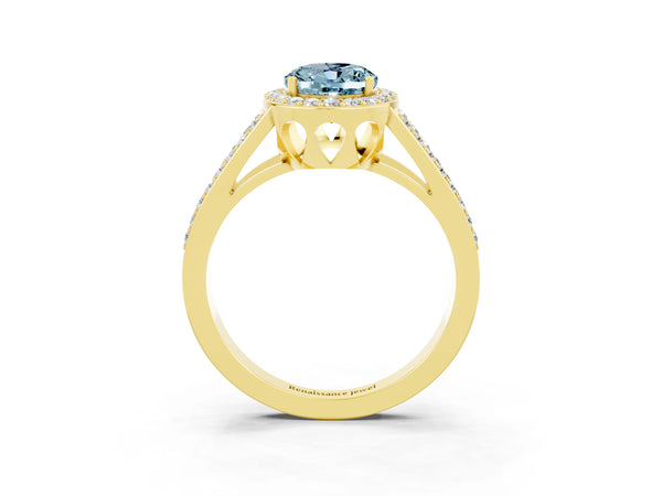 Yellow gold Oval Cut Aquamarine Halo Ring with Split Shank U-Prong Band and Four-Prong Setting