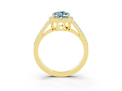 Yellow gold Oval Cut Aquamarine Halo Ring with Split Shank U-Prong Band and Four-Prong Setting_3