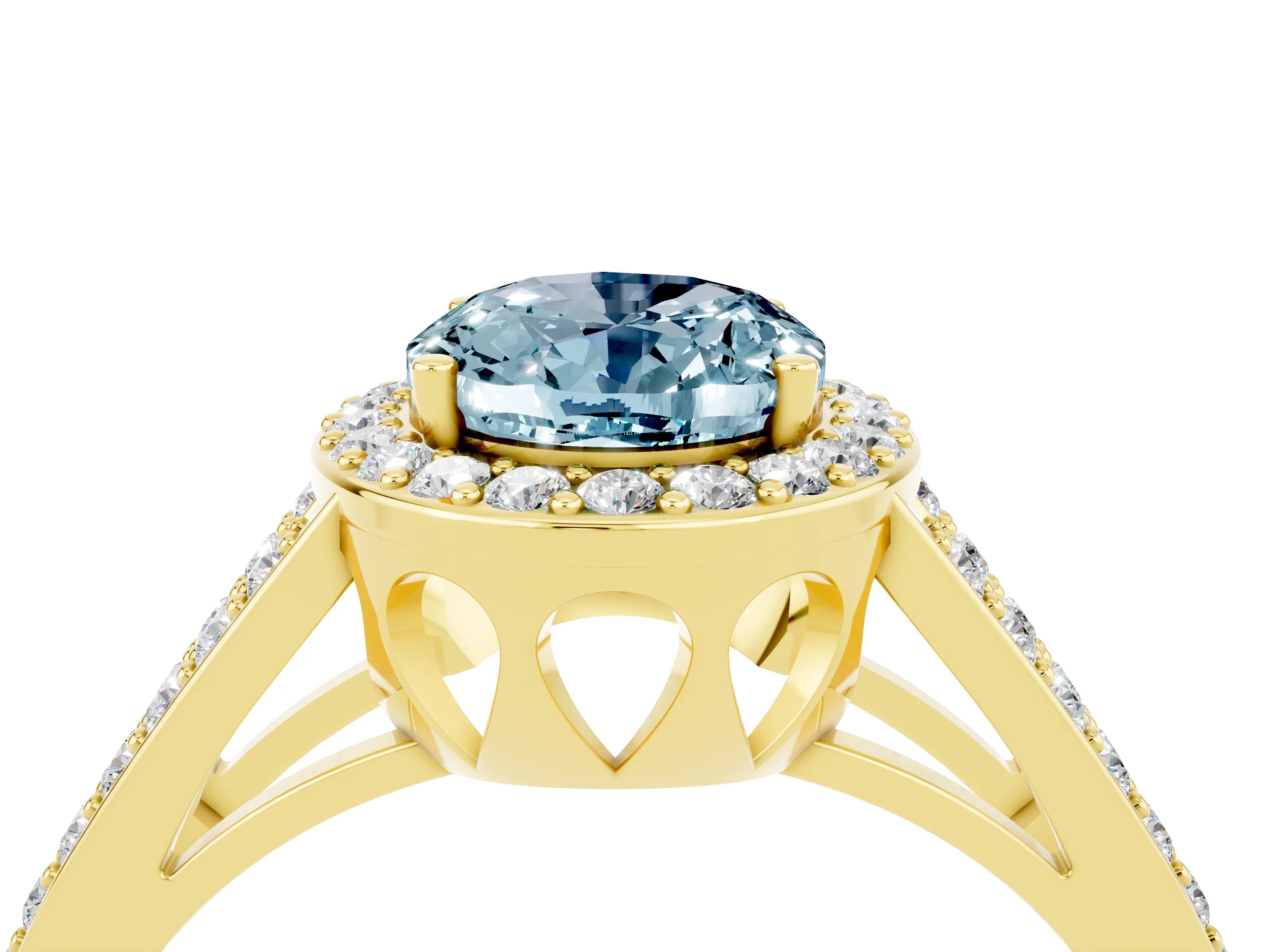 Yellow gold Oval Cut Aquamarine Halo Ring with Split Shank U-Prong Band and Four-Prong Setting_4