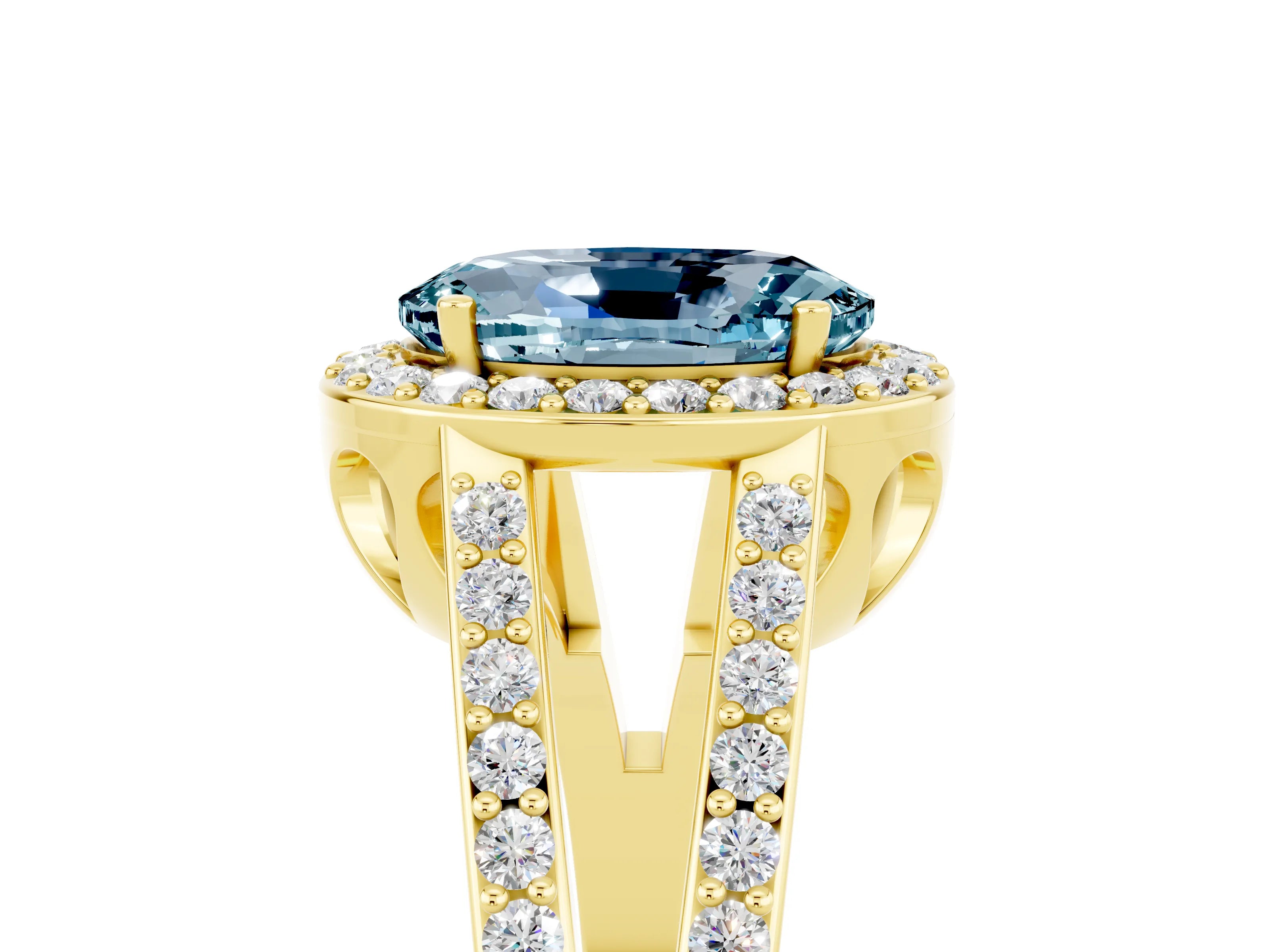 Yellow gold Oval Cut Aquamarine Halo Ring with Split Shank U-Prong Band and Four-Prong Setting_5