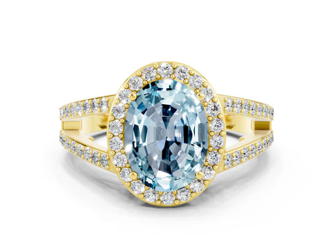 Yellow gold Oval Cut Aquamarine Halo Ring with Split Shank U-Prong Band and Four-Prong Setting