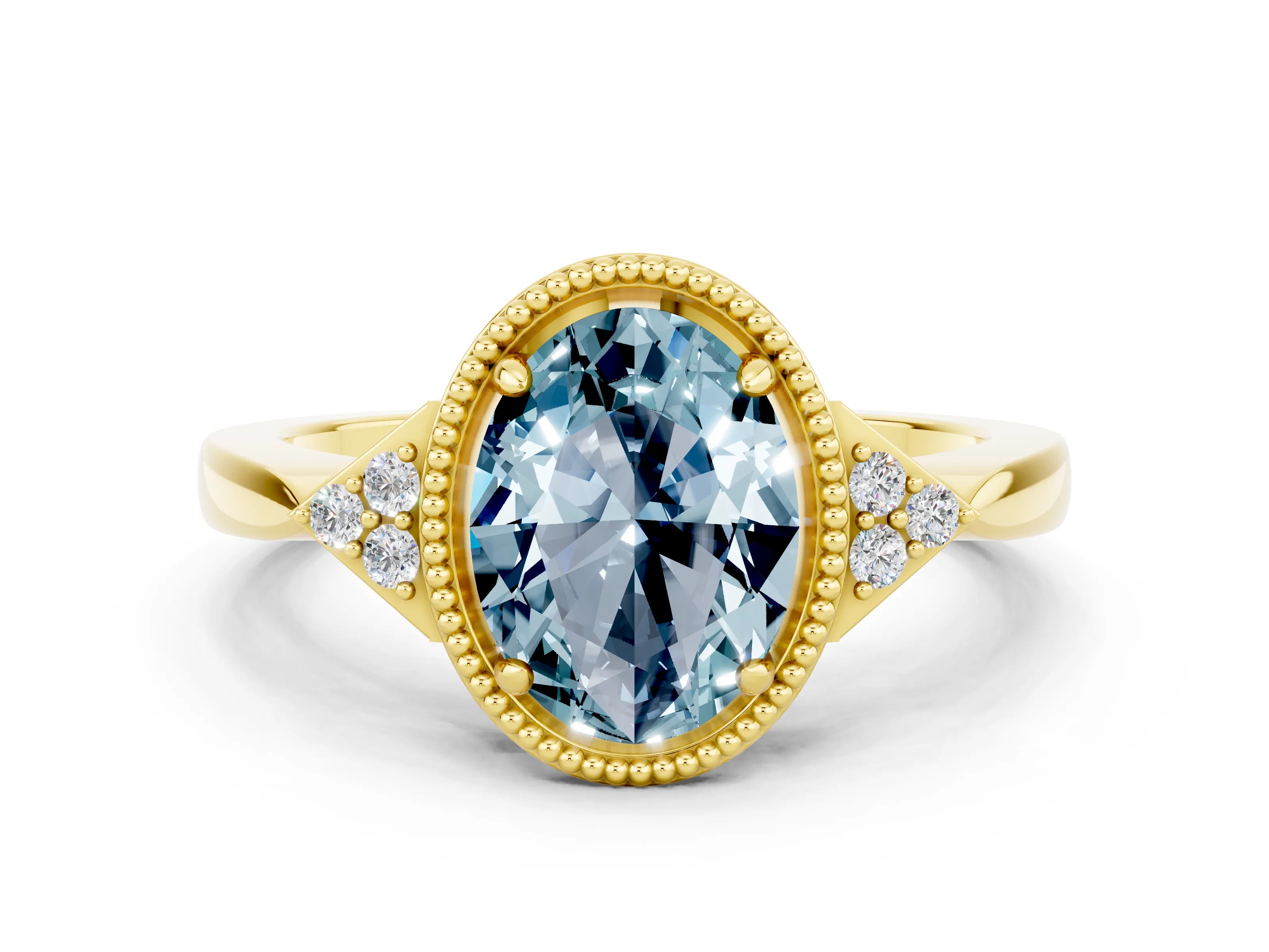 Yellow gold Oval Cut Aquamarine Halo Ring with Tapered Band and Four-Prong Setting