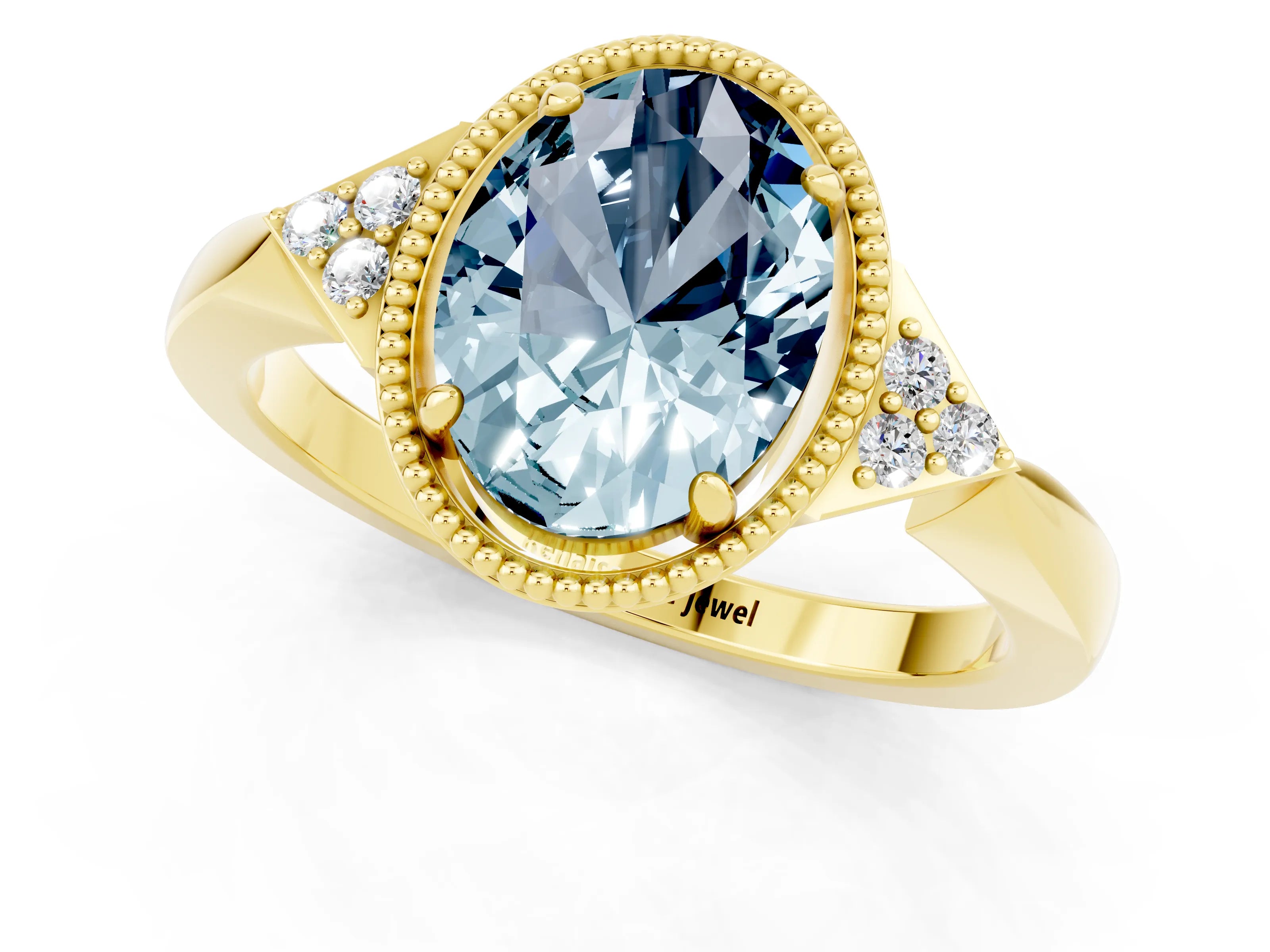 Yellow gold Oval Cut Aquamarine Halo Ring with Tapered Band and Four-Prong Setting_1