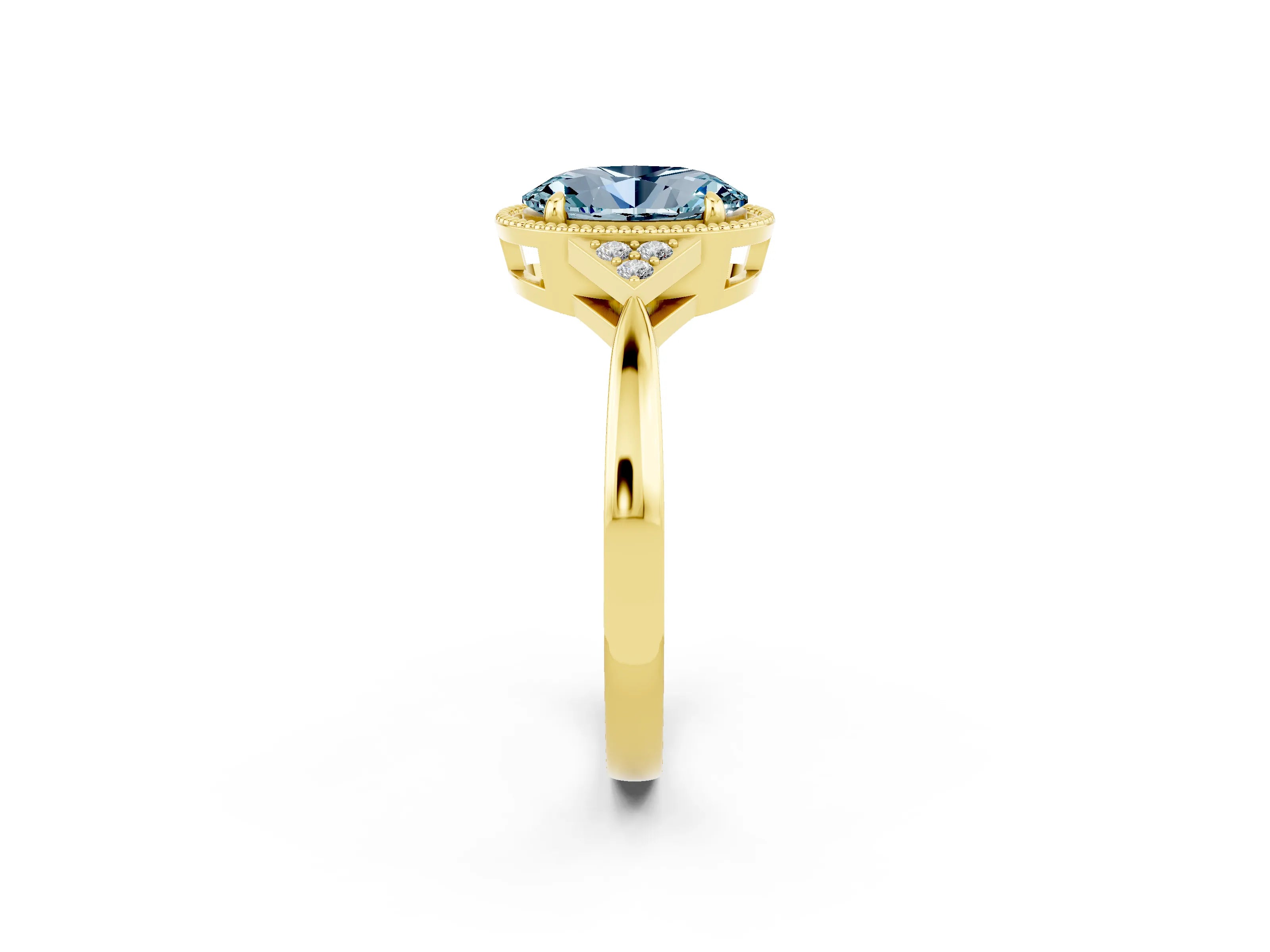 Yellow gold Oval Cut Aquamarine Halo Ring with Tapered Band and Four-Prong Setting_2